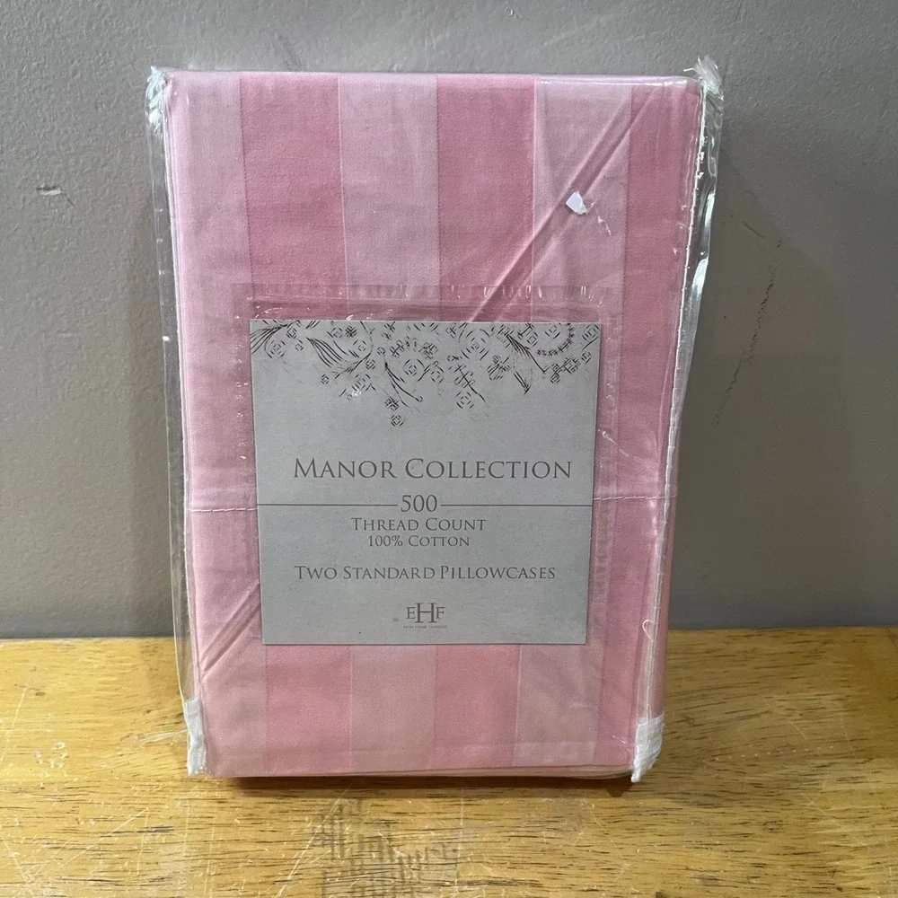Manor Collection Pink Damask Stripe 500 TC Cotton Standard Pillowcase Set Vtg